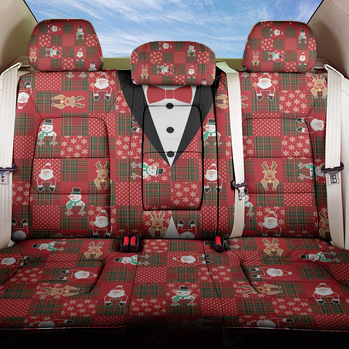 Christmas Patchwork Fake Tuxedo Back Car Seat Cover Santa and Reindeer Red Plaid Style - Wonder Print Shop