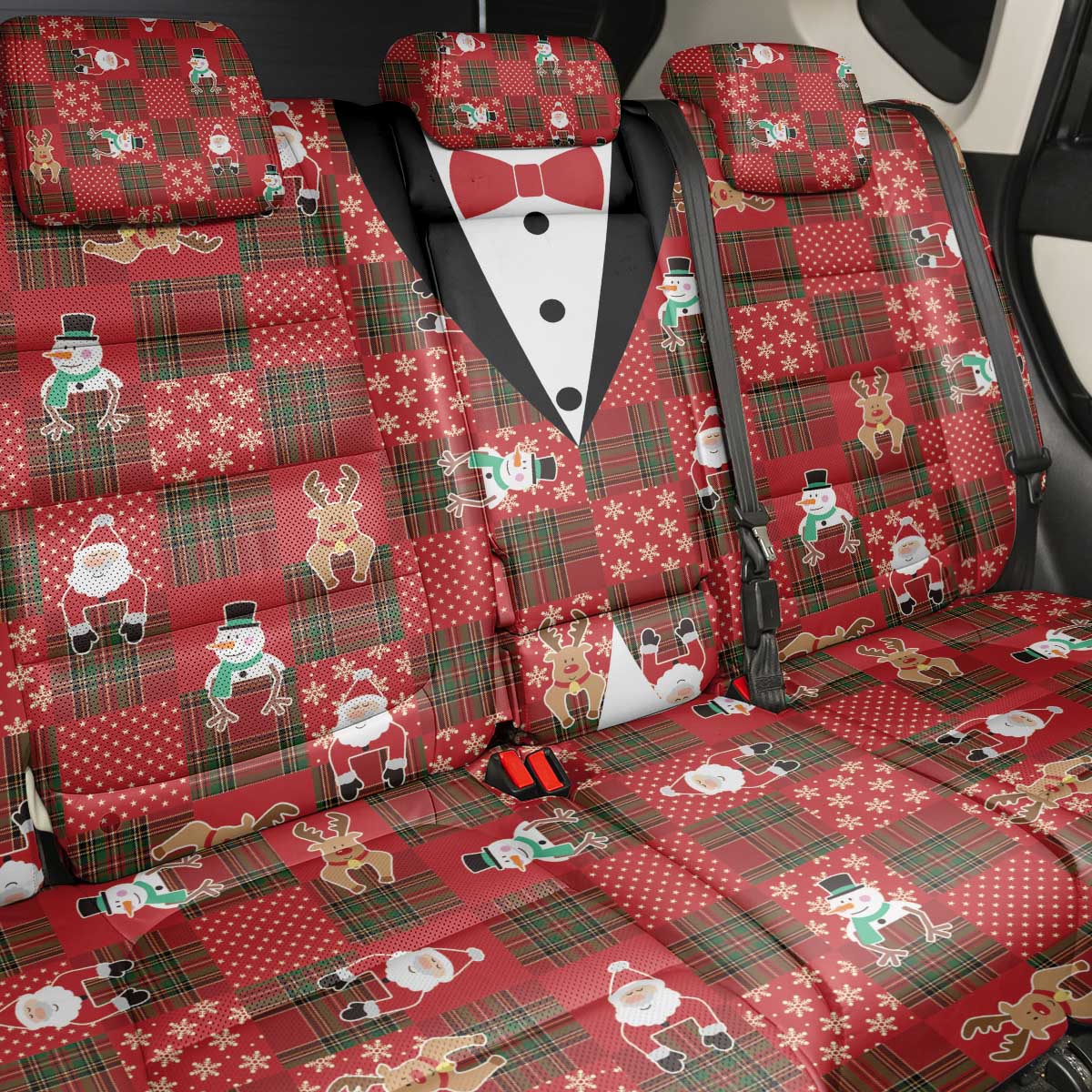 Christmas Patchwork Fake Tuxedo Back Car Seat Cover Santa and Reindeer Red Plaid Style - Wonder Print Shop