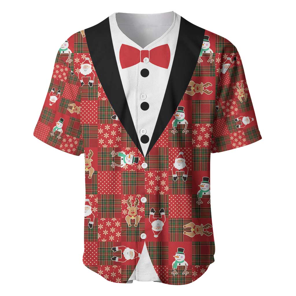 Christmas Patchwork Fake Tuxedo Baseball Jersey Santa and Reindeer Red Plaid Style - Wonder Print Shop