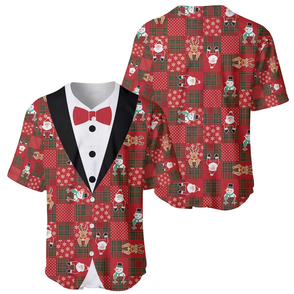 Christmas Patchwork Fake Tuxedo Baseball Jersey Santa and Reindeer Red Plaid Style - Wonder Print Shop