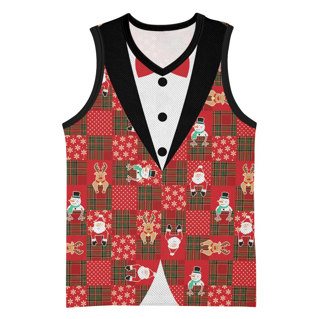 Christmas Patchwork Fake Tuxedo Basketball Jersey Santa and Reindeer Red Plaid Style - Wonder Print Shop