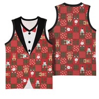 Christmas Patchwork Fake Tuxedo Basketball Jersey Santa and Reindeer Red Plaid Style - Wonder Print Shop