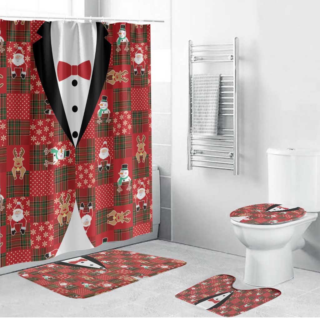 Christmas Patchwork Fake Tuxedo Bathroom Set Santa and Reindeer Red Plaid Style - Wonder Print Shop