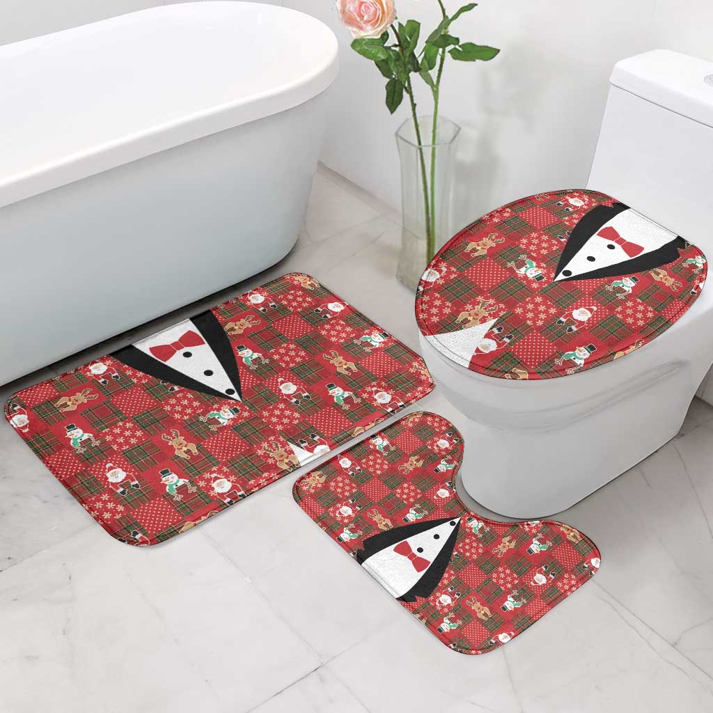Christmas Patchwork Fake Tuxedo Bathroom Set Santa and Reindeer Red Plaid Style - Wonder Print Shop