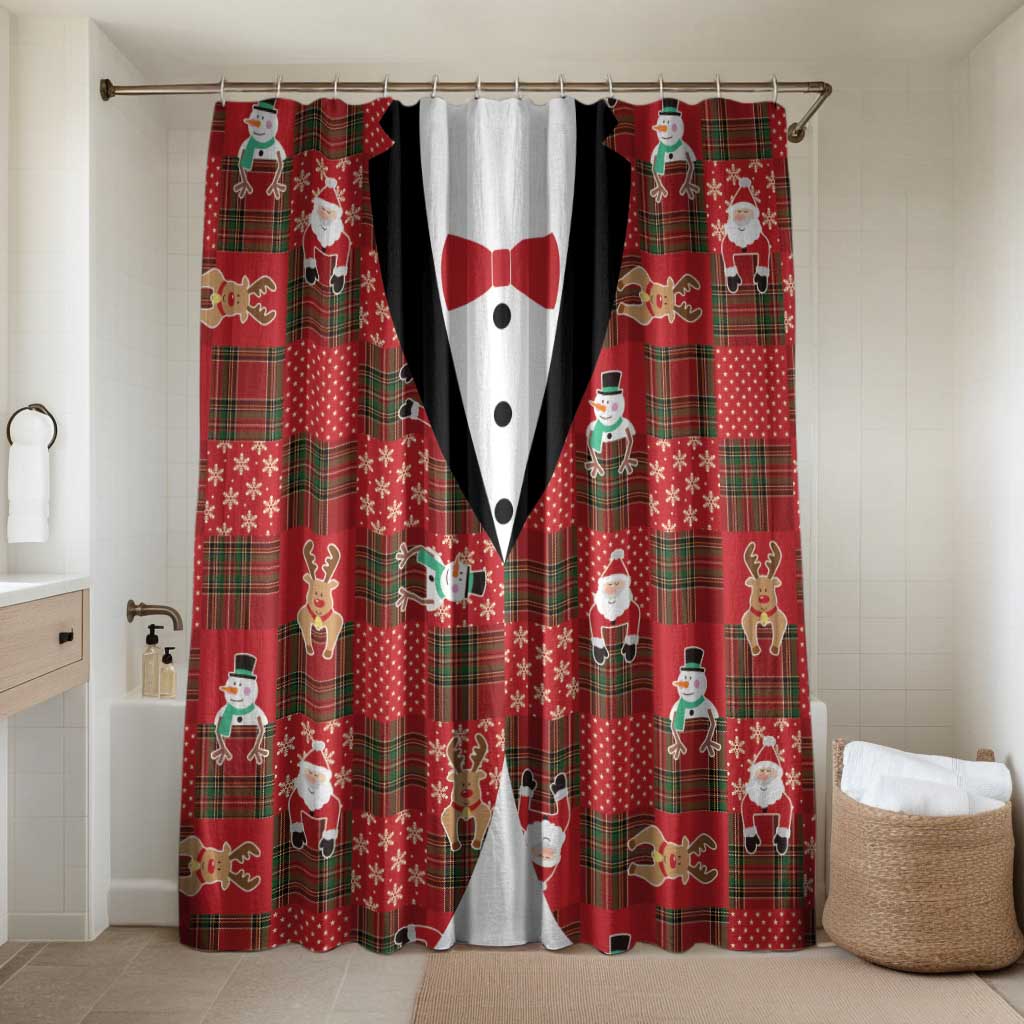 Christmas Patchwork Fake Tuxedo Bathroom Set Santa and Reindeer Red Plaid Style - Wonder Print Shop