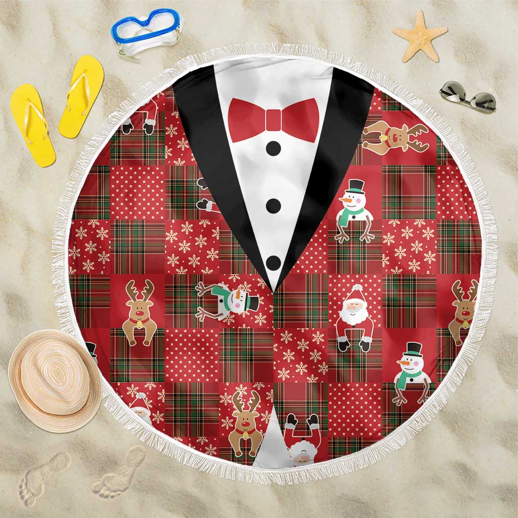 Christmas Patchwork Fake Tuxedo Beach Blanket Santa and Reindeer Red Plaid Style - Wonder Print Shop