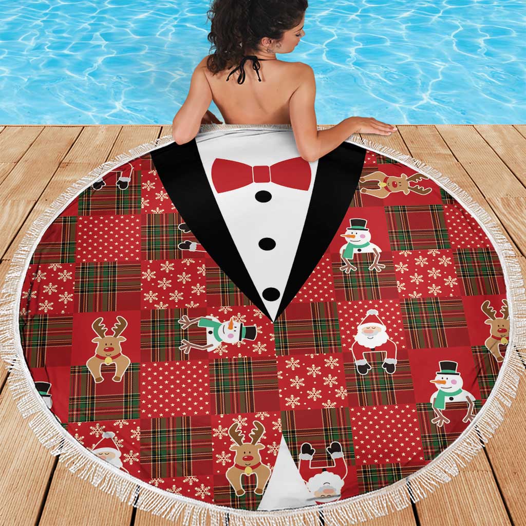 Christmas Patchwork Fake Tuxedo Beach Blanket Santa and Reindeer Red Plaid Style - Wonder Print Shop