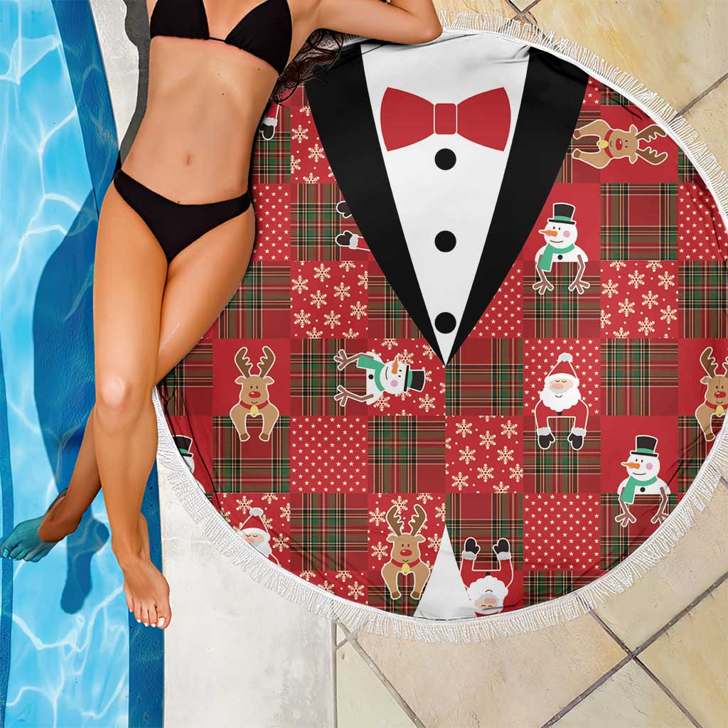 Christmas Patchwork Fake Tuxedo Beach Blanket Santa and Reindeer Red Plaid Style - Wonder Print Shop