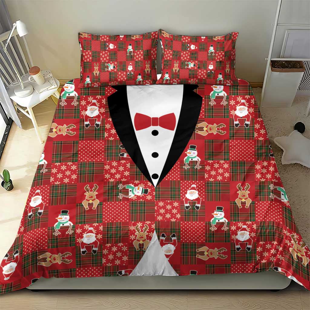 Christmas Patchwork Fake Tuxedo Bedding Set Santa and Reindeer Red Plaid Style - Wonder Print Shop