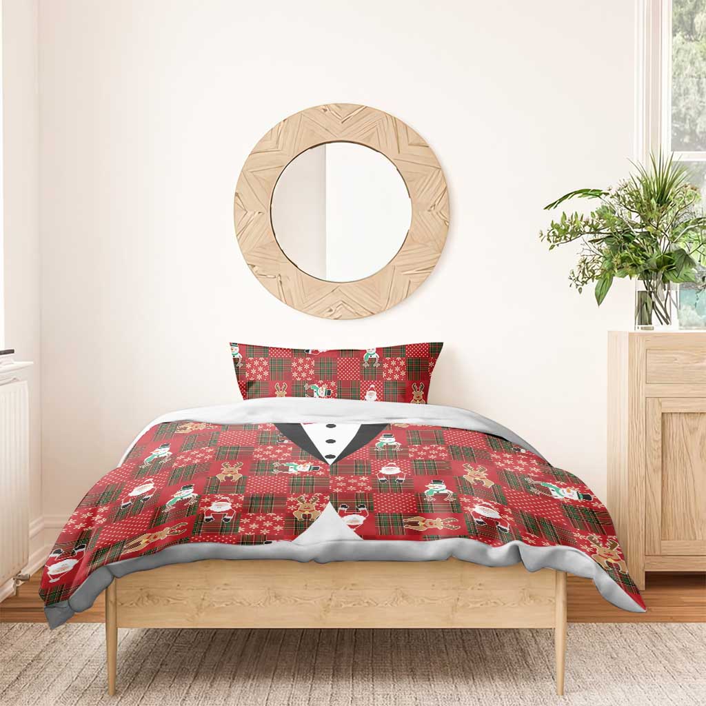 Christmas Patchwork Fake Tuxedo Bedding Set Santa and Reindeer Red Plaid Style - Wonder Print Shop