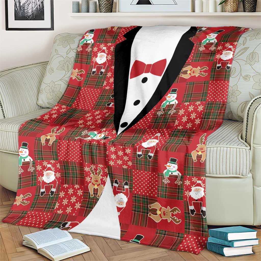 Christmas Patchwork Fake Tuxedo Blanket Santa and Reindeer Red Plaid Style - Wonder Print Shop