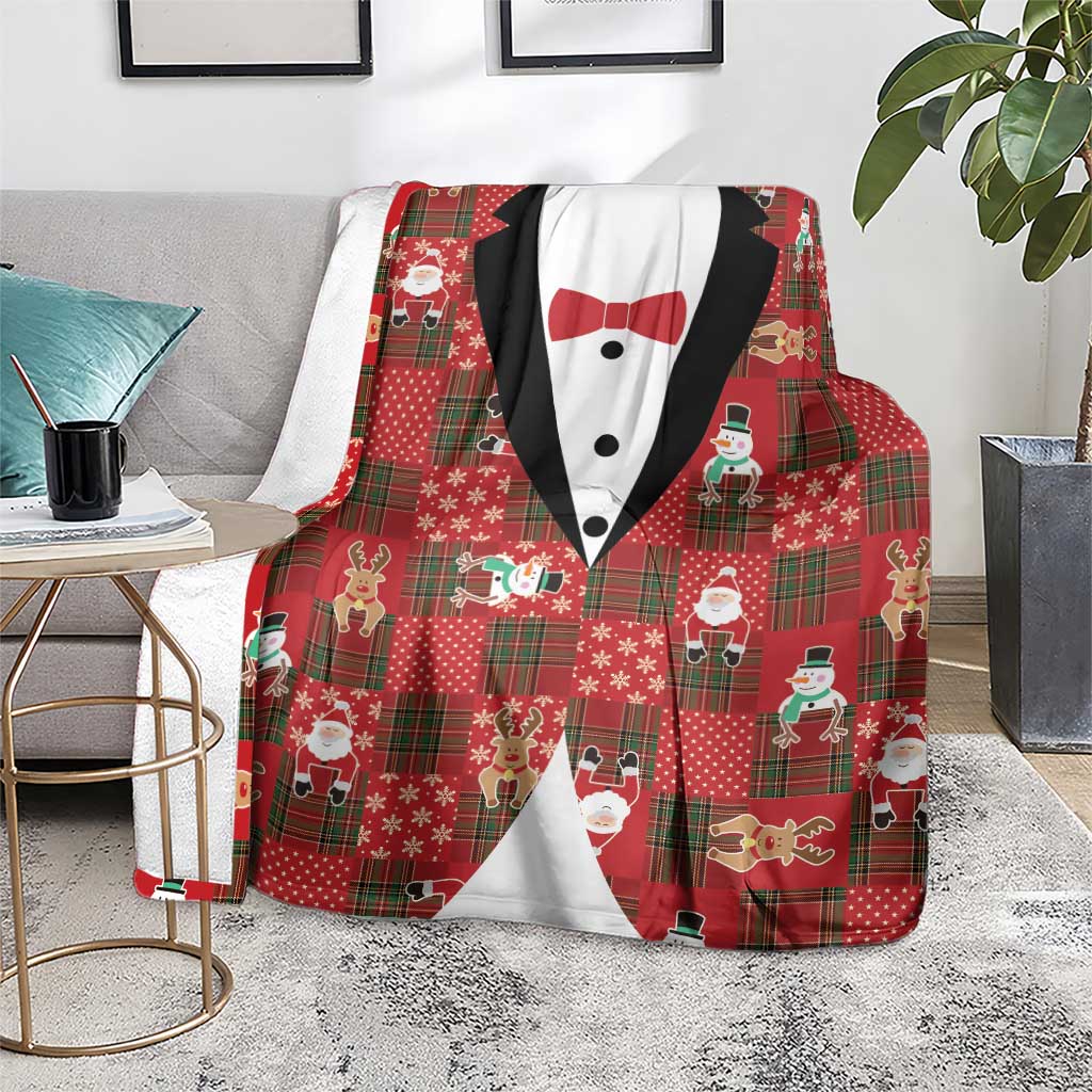 Christmas Patchwork Fake Tuxedo Blanket Santa and Reindeer Red Plaid Style - Wonder Print Shop