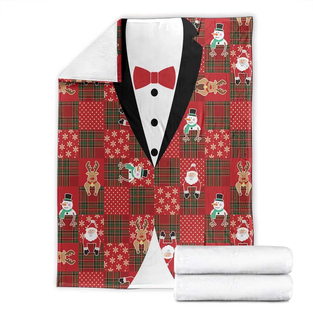 Christmas Patchwork Fake Tuxedo Blanket Santa and Reindeer Red Plaid Style - Wonder Print Shop