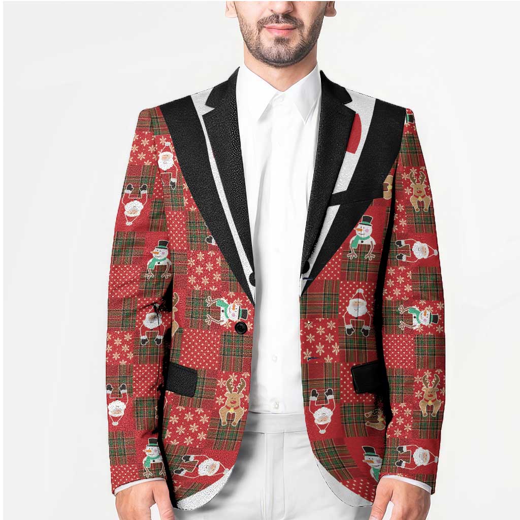 Christmas Patchwork Fake Tuxedo Blazer Santa and Reindeer Red Plaid Style - Wonder Print Shop