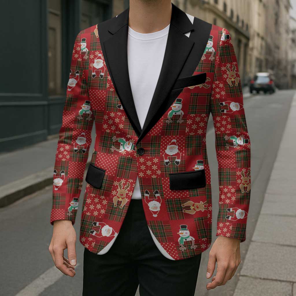 Christmas Patchwork Fake Tuxedo Blazer Santa and Reindeer Red Plaid Style - Wonder Print Shop