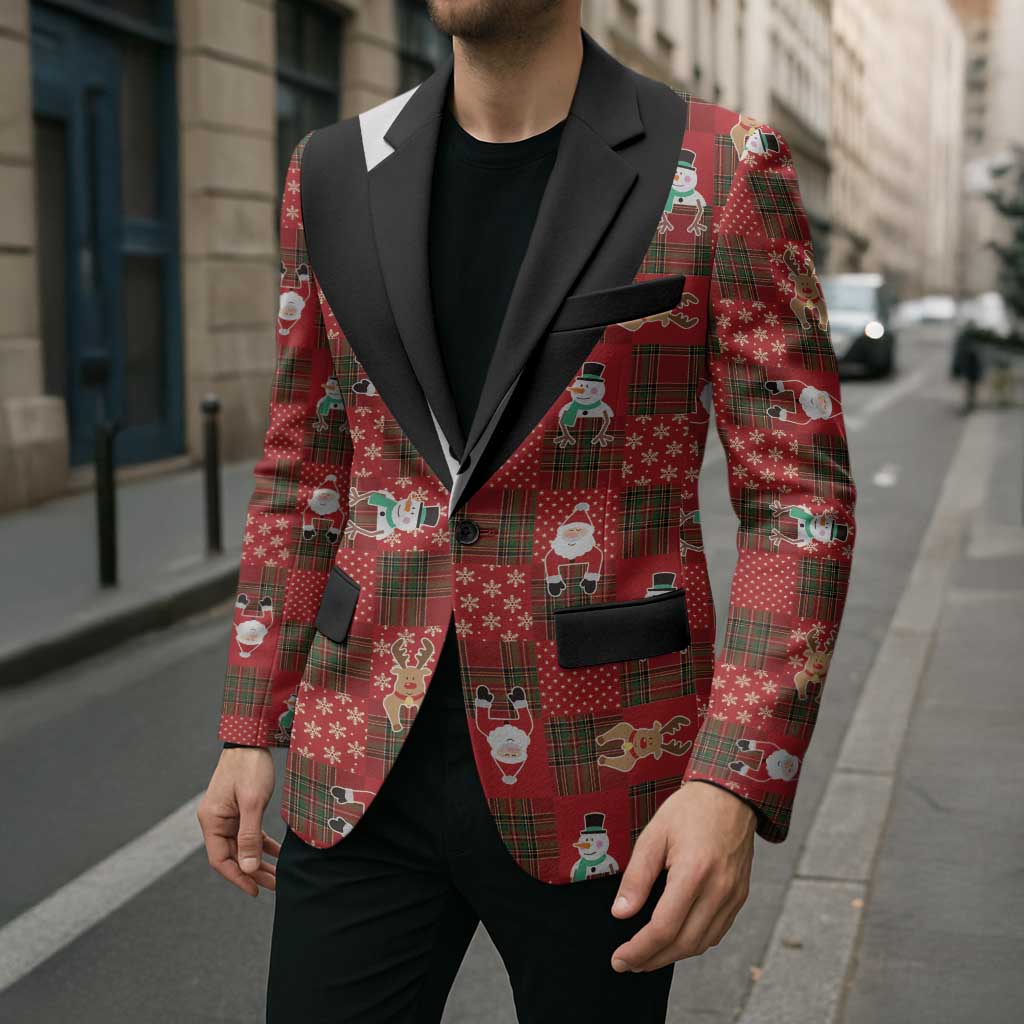 Christmas Patchwork Fake Tuxedo Blazer Santa and Reindeer Red Plaid Style - Wonder Print Shop