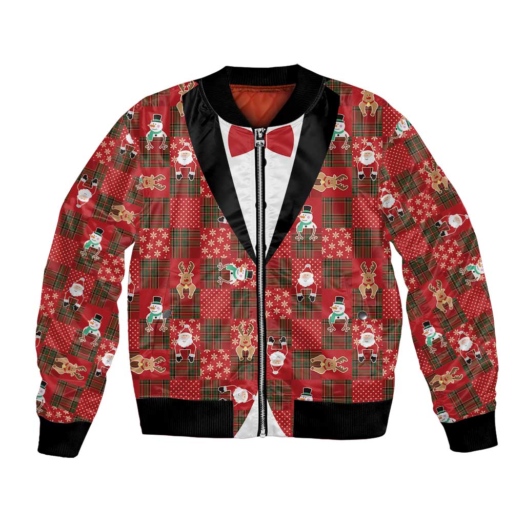 Christmas Patchwork Fake Tuxedo Bomber Jacket Santa and Reindeer Red Plaid Style - Wonder Print Shop