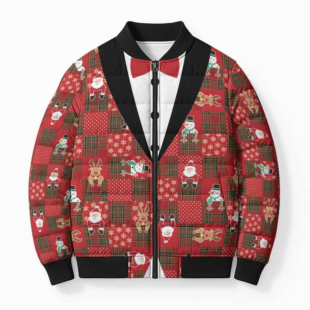 Christmas Patchwork Fake Tuxedo Bomber Puffer Jacket Santa and Reindeer Red Plaid Style - Wonder Print Shop