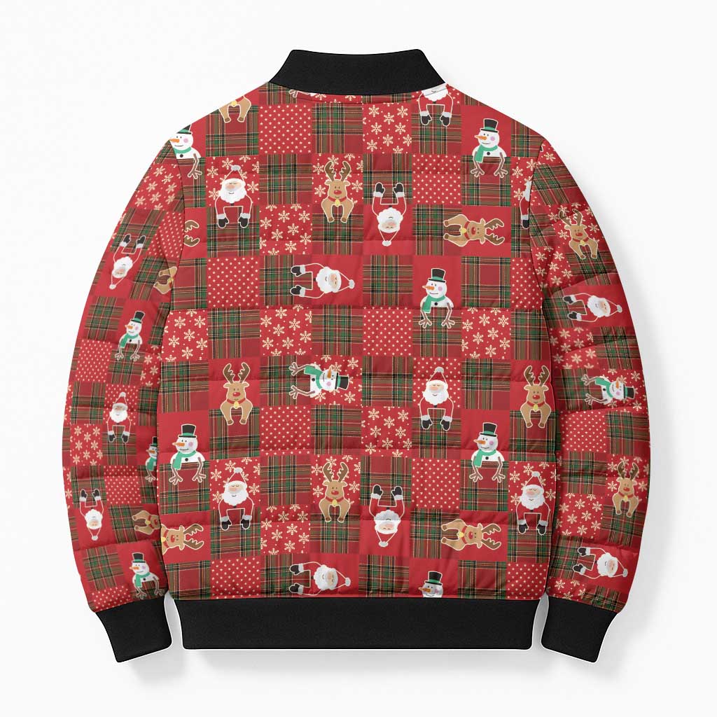 Christmas Patchwork Fake Tuxedo Bomber Puffer Jacket Santa and Reindeer Red Plaid Style - Wonder Print Shop