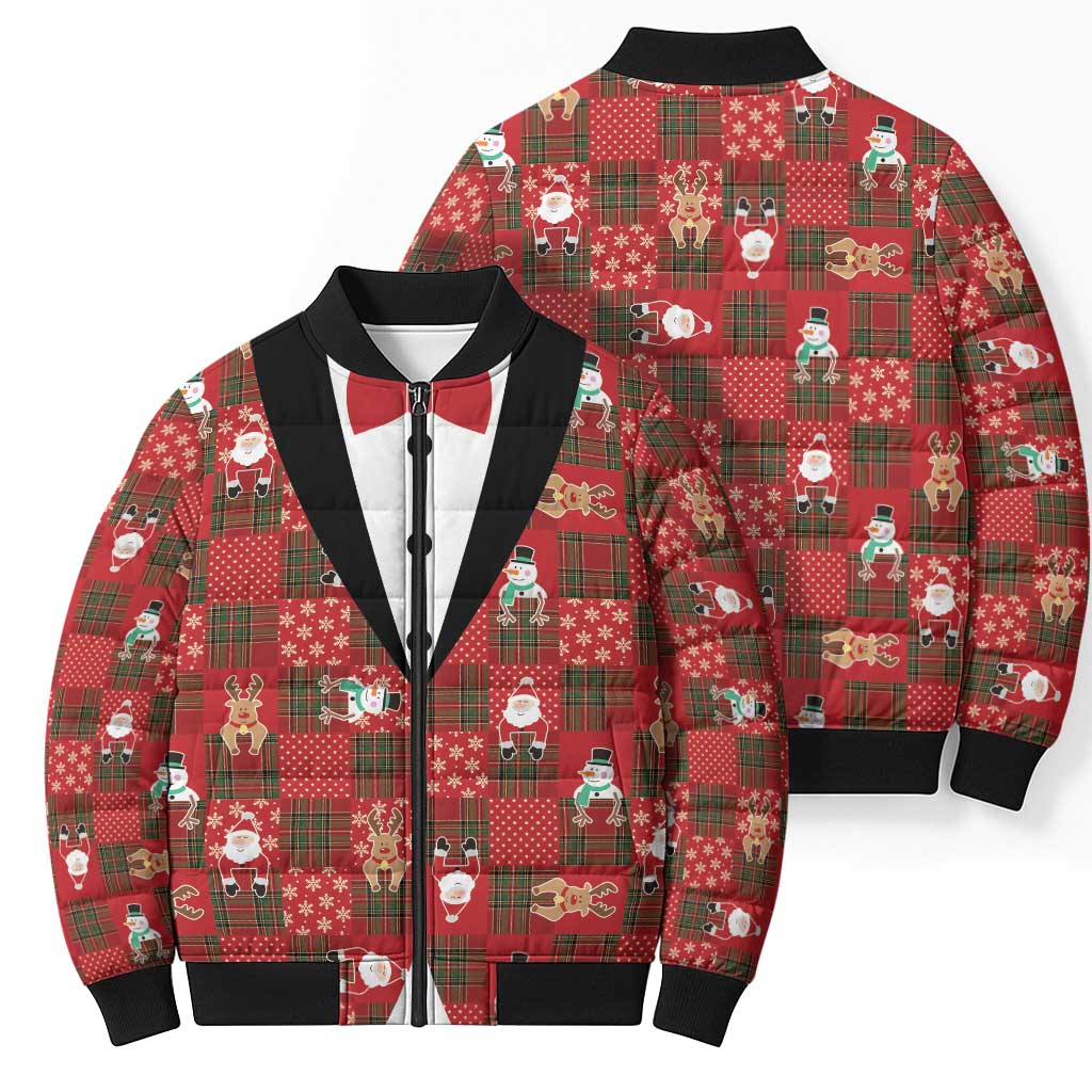 Christmas Patchwork Fake Tuxedo Bomber Puffer Jacket Santa and Reindeer Red Plaid Style - Wonder Print Shop