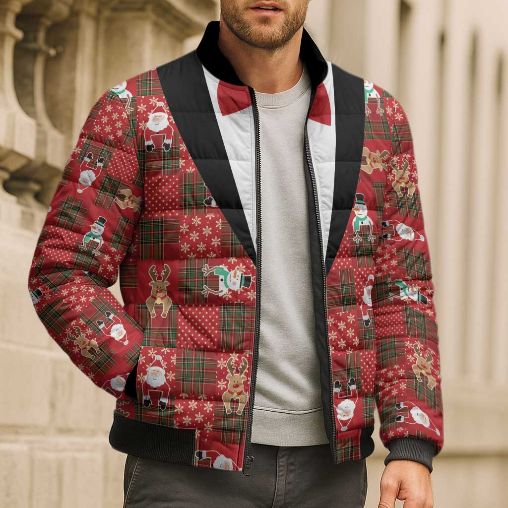 Christmas Patchwork Fake Tuxedo Bomber Puffer Jacket Santa and Reindeer Red Plaid Style - Wonder Print Shop