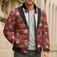 Christmas Patchwork Fake Tuxedo Bomber Puffer Jacket Santa and Reindeer Red Plaid Style - Wonder Print Shop