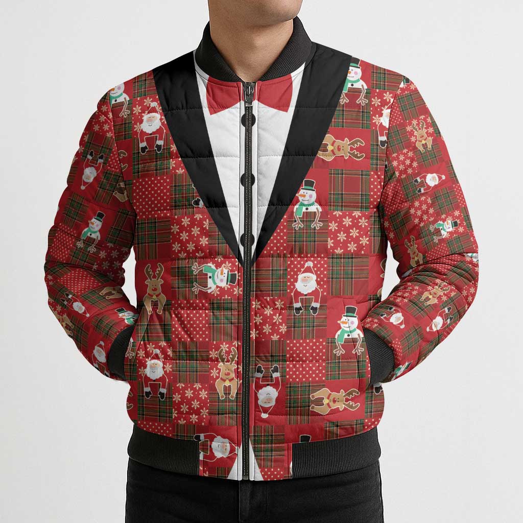 Christmas Patchwork Fake Tuxedo Bomber Puffer Jacket Santa and Reindeer Red Plaid Style - Wonder Print Shop
