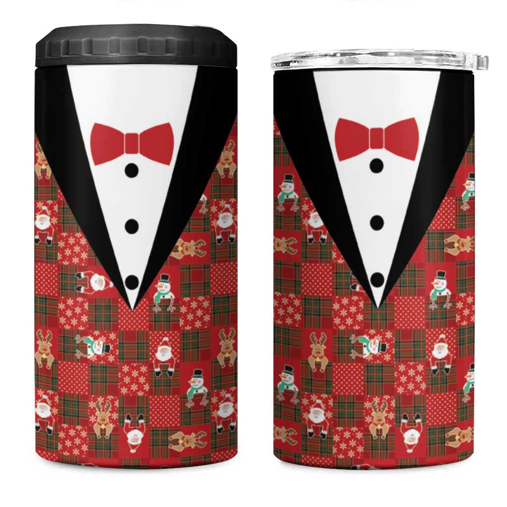 Christmas Patchwork Fake Tuxedo 4 in 1 Can Cooler Tumbler Santa and Reindeer Red Plaid Style - Wonder Print Shop