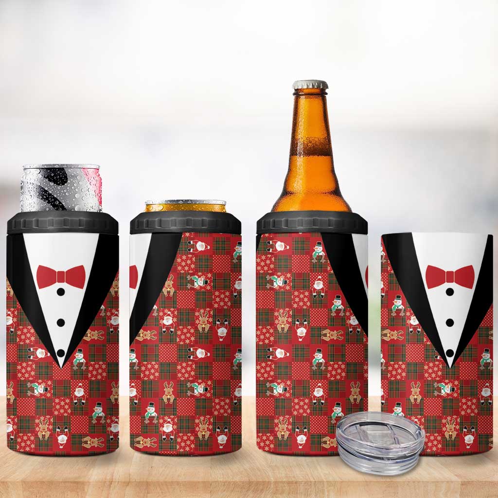 Christmas Patchwork Fake Tuxedo 4 in 1 Can Cooler Tumbler Santa and Reindeer Red Plaid Style - Wonder Print Shop
