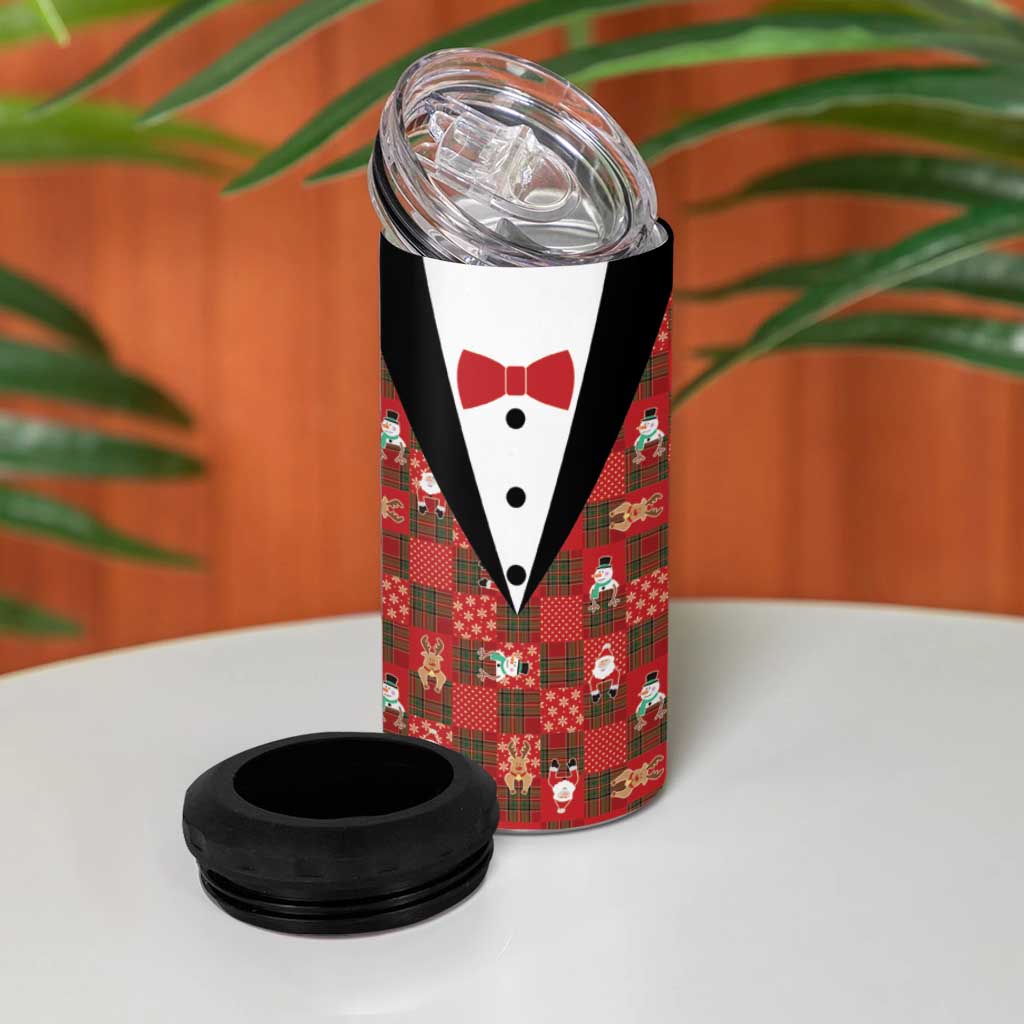Christmas Patchwork Fake Tuxedo 4 in 1 Can Cooler Tumbler Santa and Reindeer Red Plaid Style - Wonder Print Shop