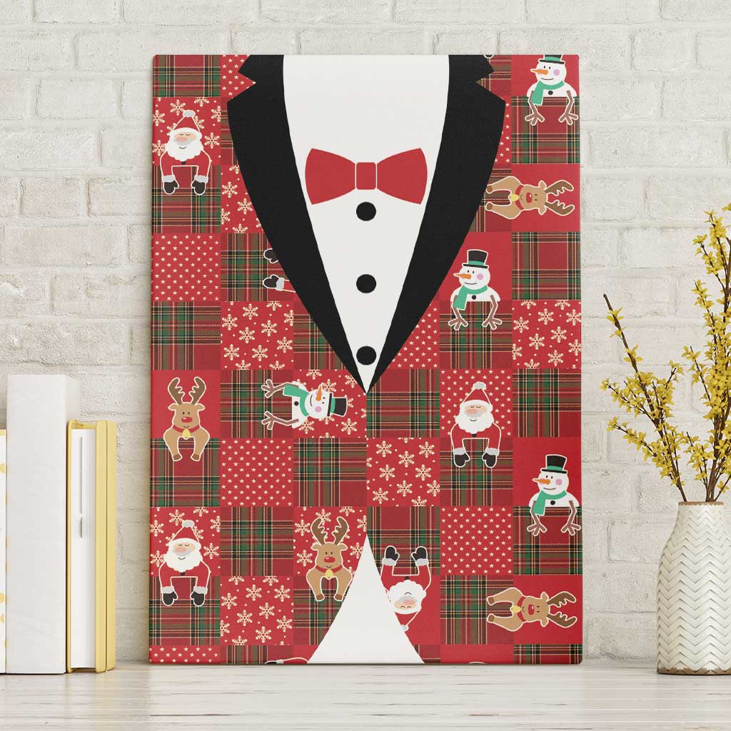 Christmas Patchwork Fake Tuxedo Canvas Wall Art Santa and Reindeer Red Plaid Style - Wonder Print Shop