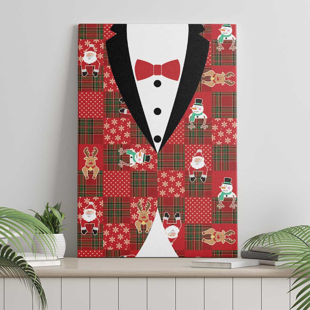 Christmas Patchwork Fake Tuxedo Canvas Wall Art Santa and Reindeer Red Plaid Style - Wonder Print Shop