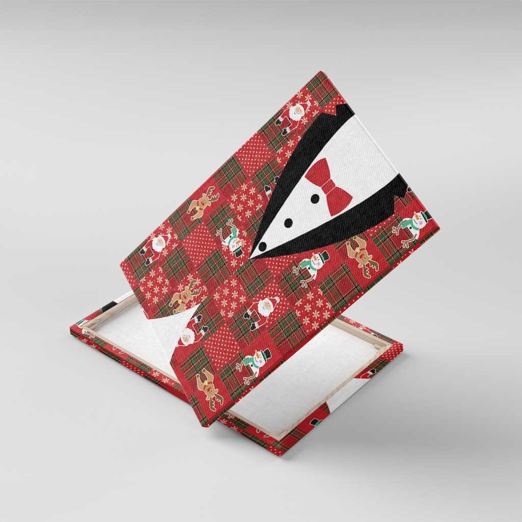 Christmas Patchwork Fake Tuxedo Canvas Wall Art Santa and Reindeer Red Plaid Style - Wonder Print Shop
