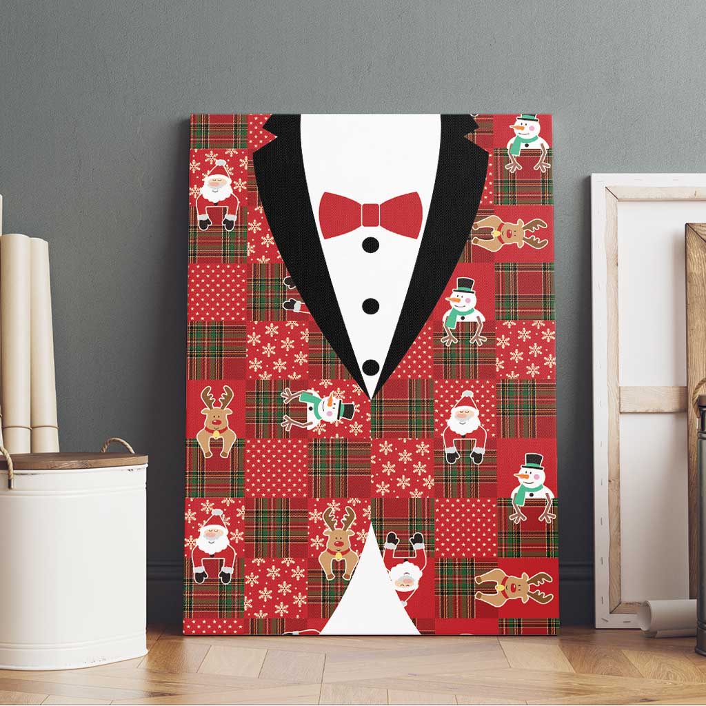 Christmas Patchwork Fake Tuxedo Canvas Wall Art Santa and Reindeer Red Plaid Style - Wonder Print Shop