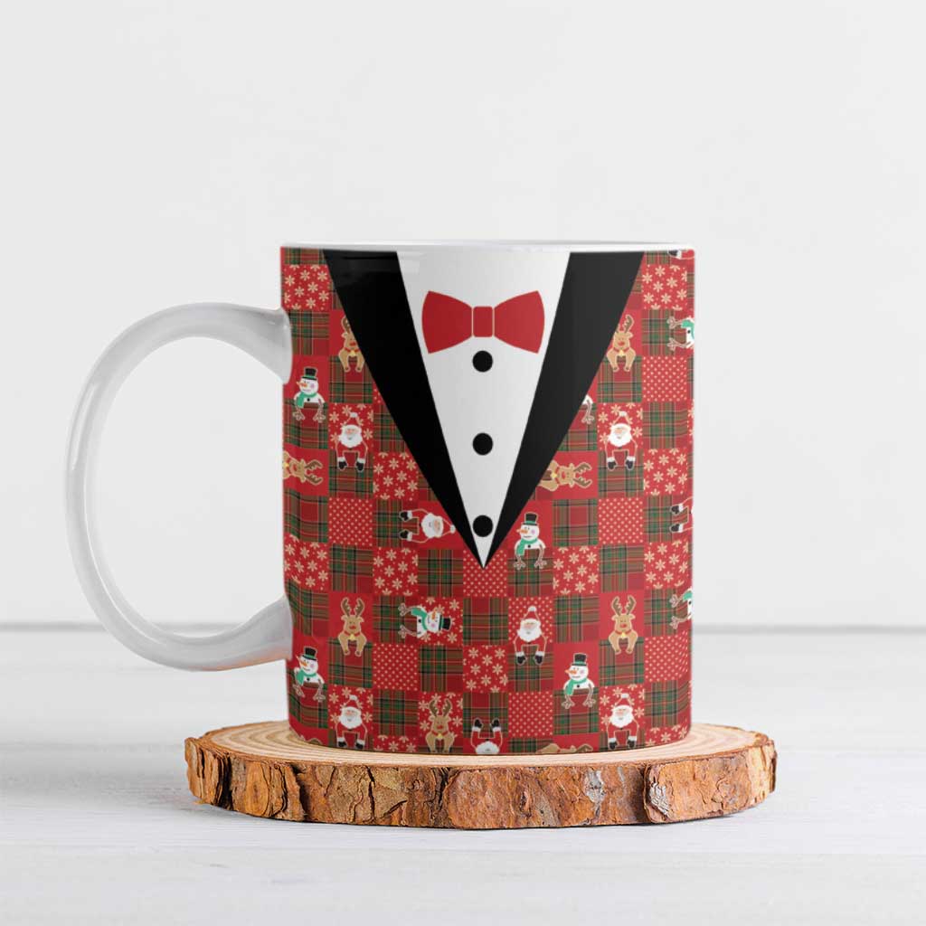 Christmas Patchwork Fake Tuxedo Ceramic Mug Santa and Reindeer Red Plaid Style - Wonder Print Shop