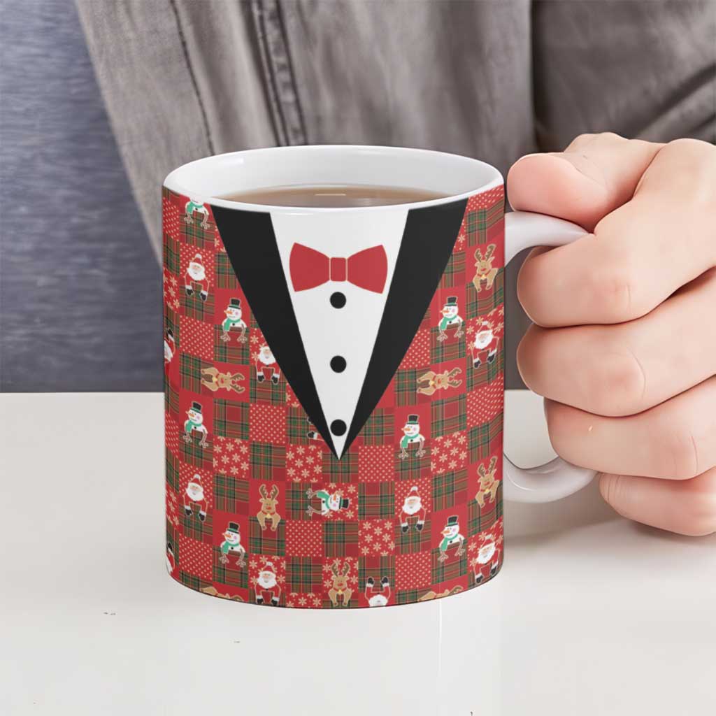 Christmas Patchwork Fake Tuxedo Ceramic Mug Santa and Reindeer Red Plaid Style - Wonder Print Shop