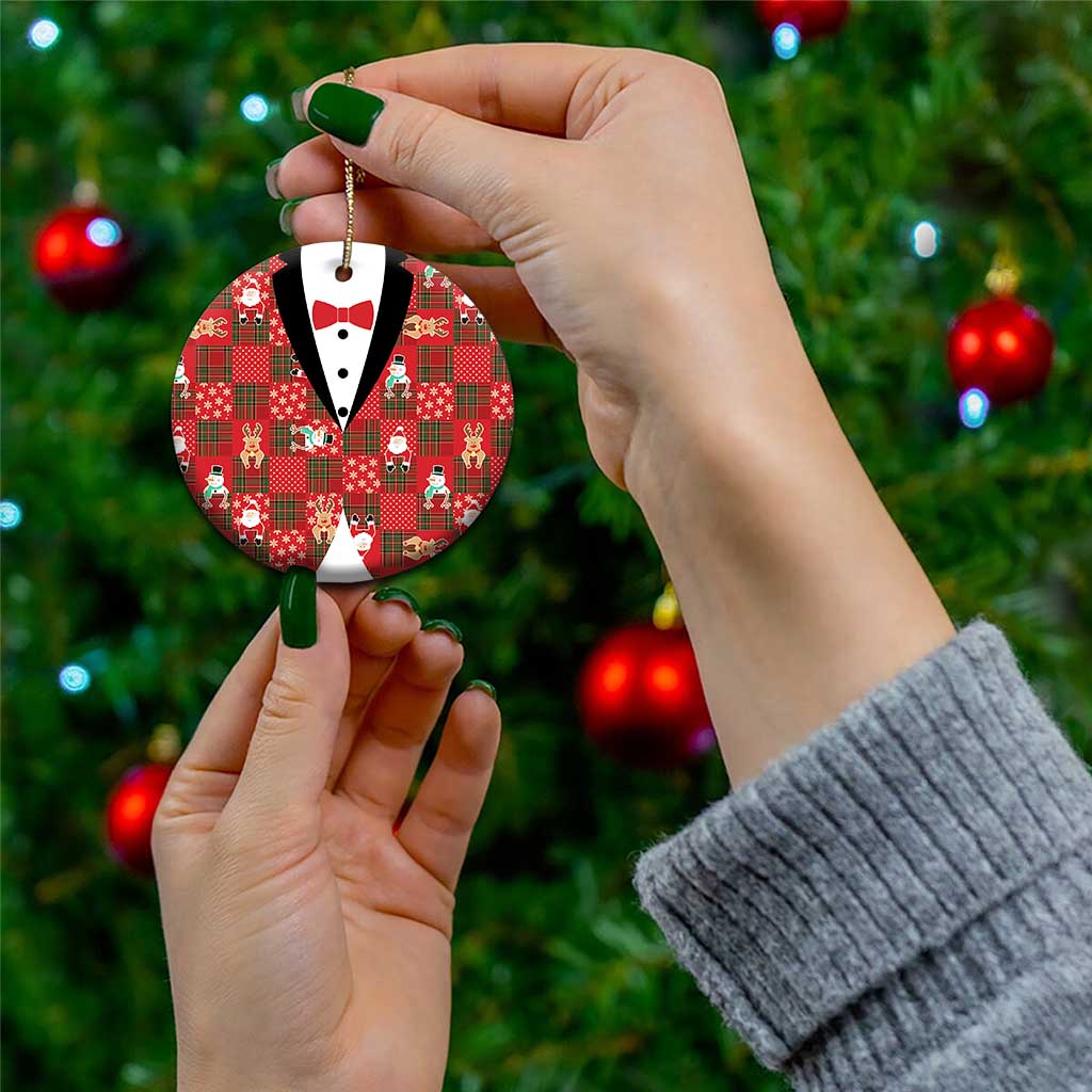 Christmas Patchwork Fake Tuxedo Ceramic Ornament Santa and Reindeer Red Plaid Style - Wonder Print Shop