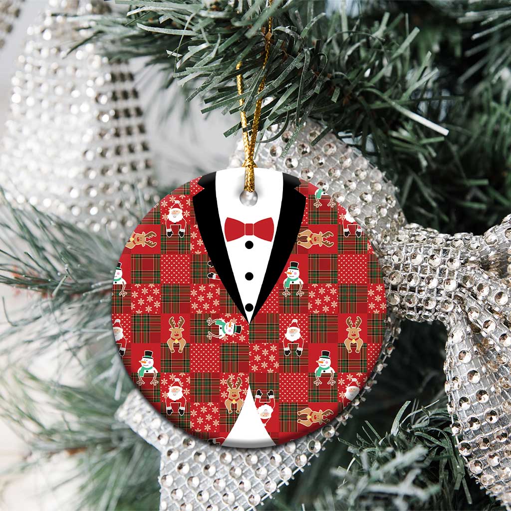 Christmas Patchwork Fake Tuxedo Ceramic Ornament Santa and Reindeer Red Plaid Style - Wonder Print Shop