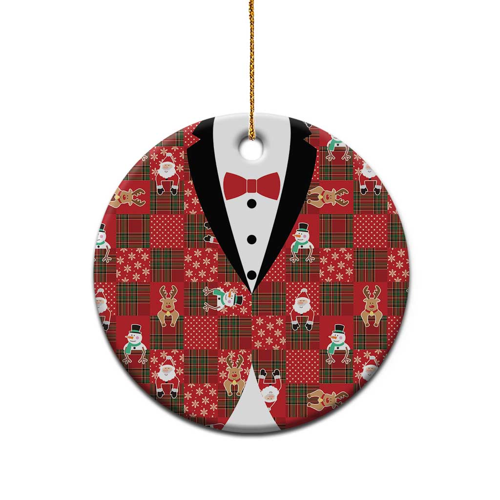 Christmas Patchwork Fake Tuxedo Ceramic Ornament Santa and Reindeer Red Plaid Style - Wonder Print Shop