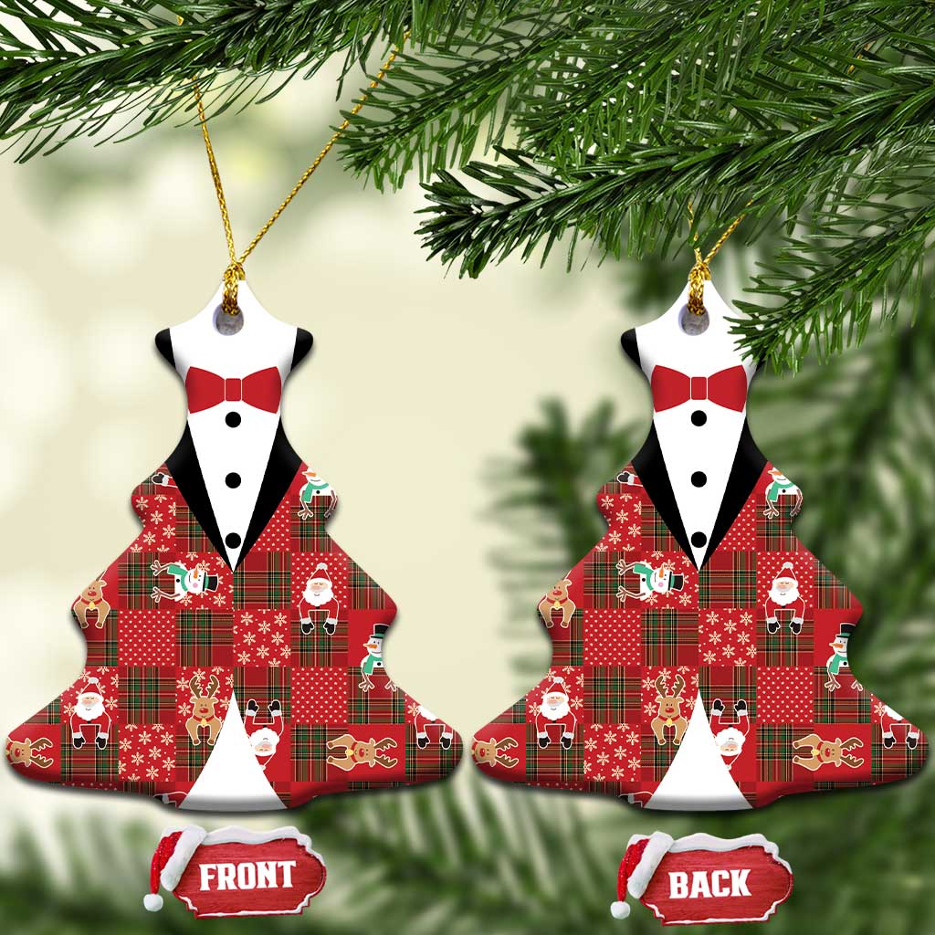 Christmas Patchwork Fake Tuxedo Ceramic Ornament Santa and Reindeer Red Plaid Style - Wonder Print Shop