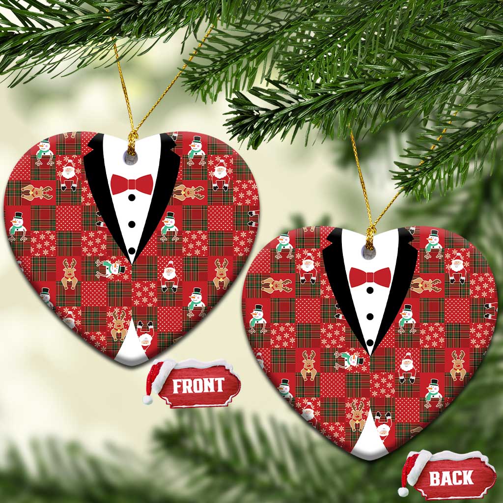 Christmas Patchwork Fake Tuxedo Ceramic Ornament Santa and Reindeer Red Plaid Style - Wonder Print Shop