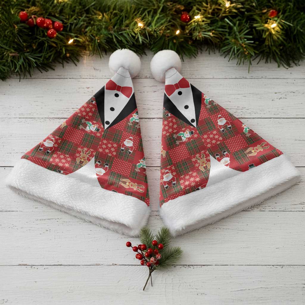 Christmas Patchwork Fake Tuxedo Christmas Santa Hat Santa and Reindeer Red Plaid Style - Wonder Print Shop