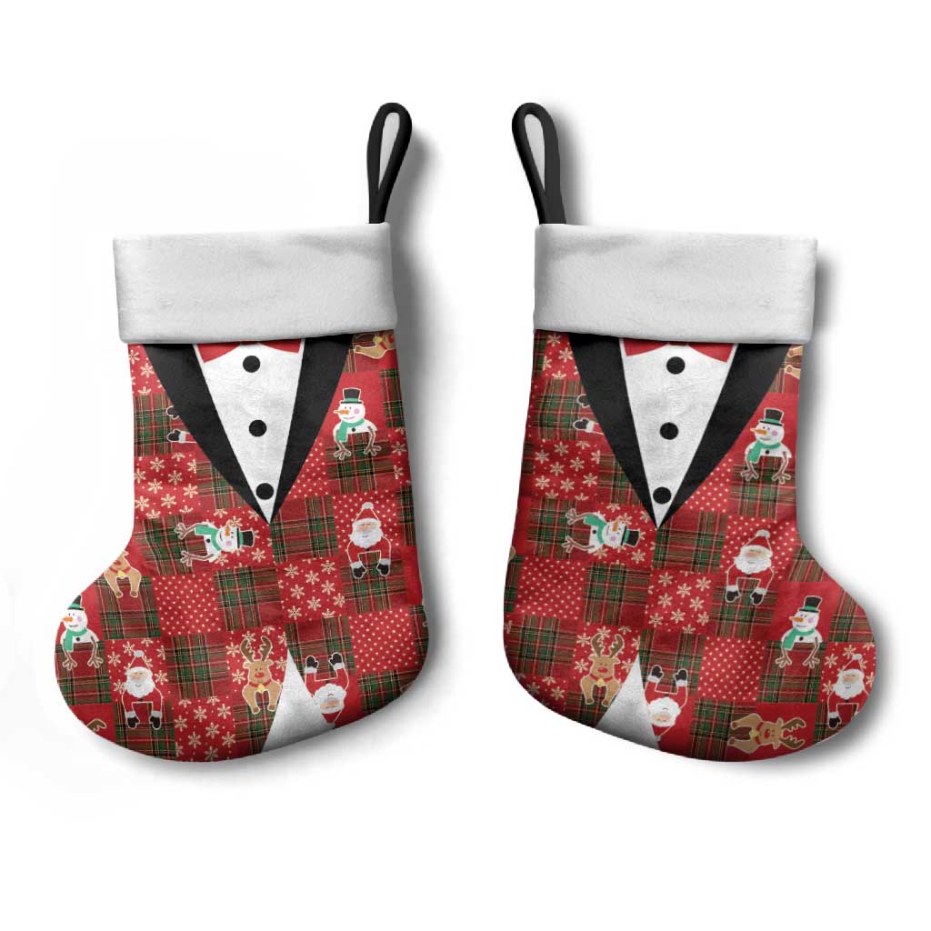 Christmas Patchwork Fake Tuxedo Christmas Stocking Santa and Reindeer Red Plaid Style - Wonder Print Shop