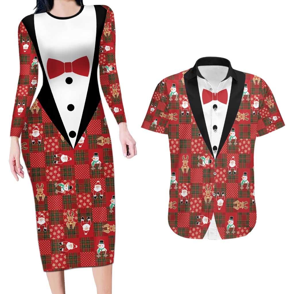 Christmas Patchwork Fake Tuxedo Couples Matching Long Sleeve Bodycon Dress and Hawaiian Shirt Santa and Reindeer Red Plaid Style - Wonder Print Shop