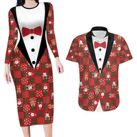Christmas Patchwork Fake Tuxedo Couples Matching Long Sleeve Bodycon Dress and Hawaiian Shirt Santa and Reindeer Red Plaid Style - Wonder Print Shop