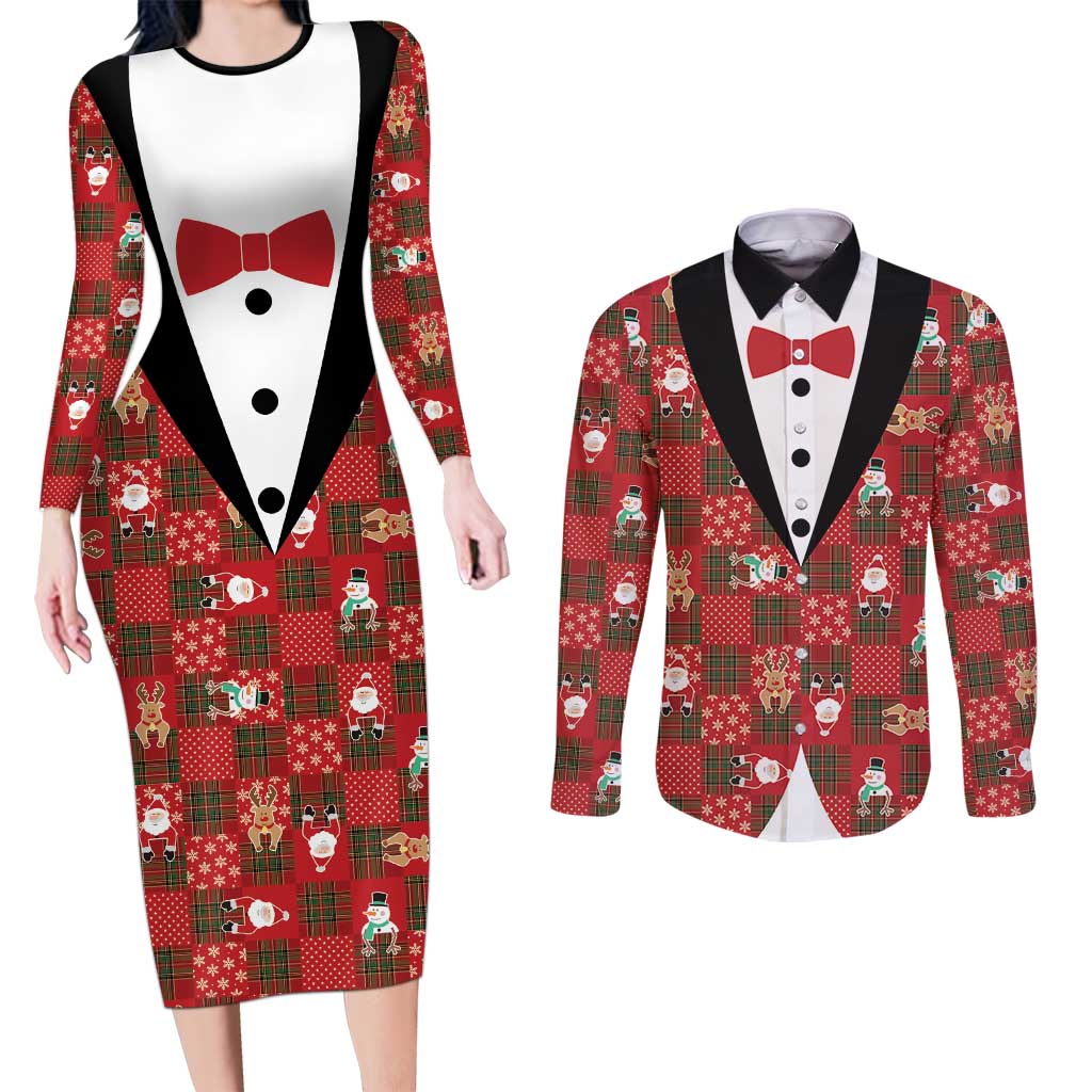 Christmas Patchwork Fake Tuxedo Couples Matching Long Sleeve Bodycon Dress and Long Sleeve Button Shirt Santa and Reindeer Red Plaid Style - Wonder Print Shop