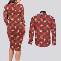 Christmas Patchwork Fake Tuxedo Couples Matching Long Sleeve Bodycon Dress and Long Sleeve Button Shirt Santa and Reindeer Red Plaid Style - Wonder Print Shop