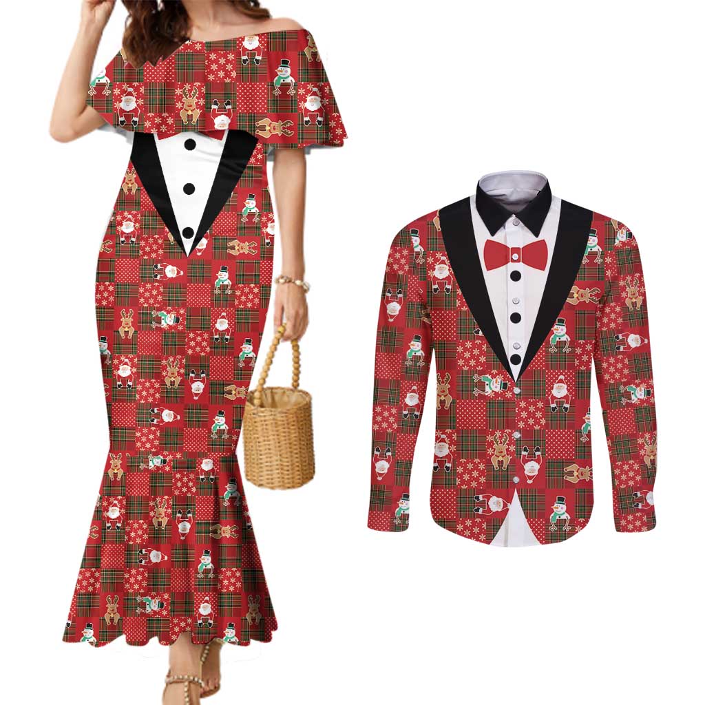 Christmas Patchwork Fake Tuxedo Couples Matching Mermaid Dress and Long Sleeve Button Shirt Santa and Reindeer Red Plaid Style - Wonder Print Shop