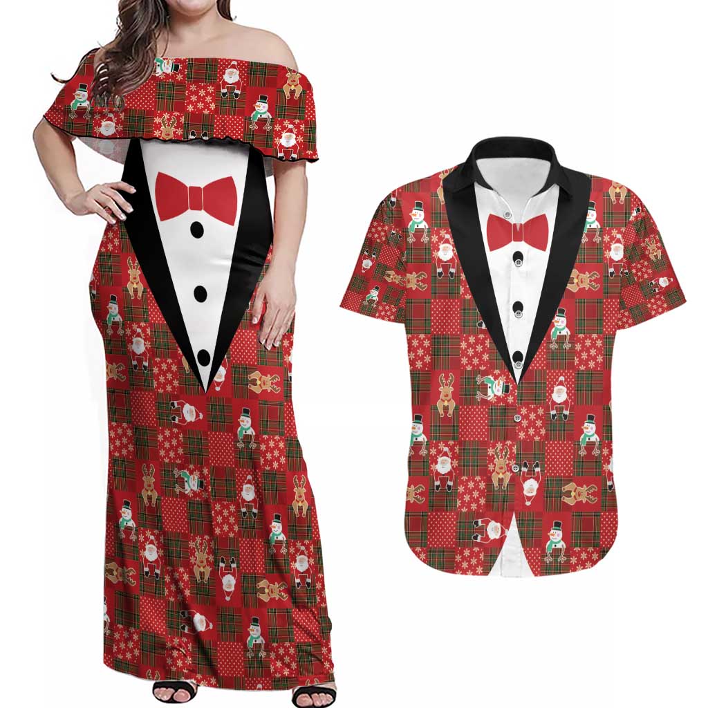 Christmas Patchwork Fake Tuxedo Couples Matching Off Shoulder Maxi Dress and Hawaiian Shirt Santa and Reindeer Red Plaid Style - Wonder Print Shop