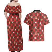 Christmas Patchwork Fake Tuxedo Couples Matching Off Shoulder Maxi Dress and Hawaiian Shirt Santa and Reindeer Red Plaid Style - Wonder Print Shop